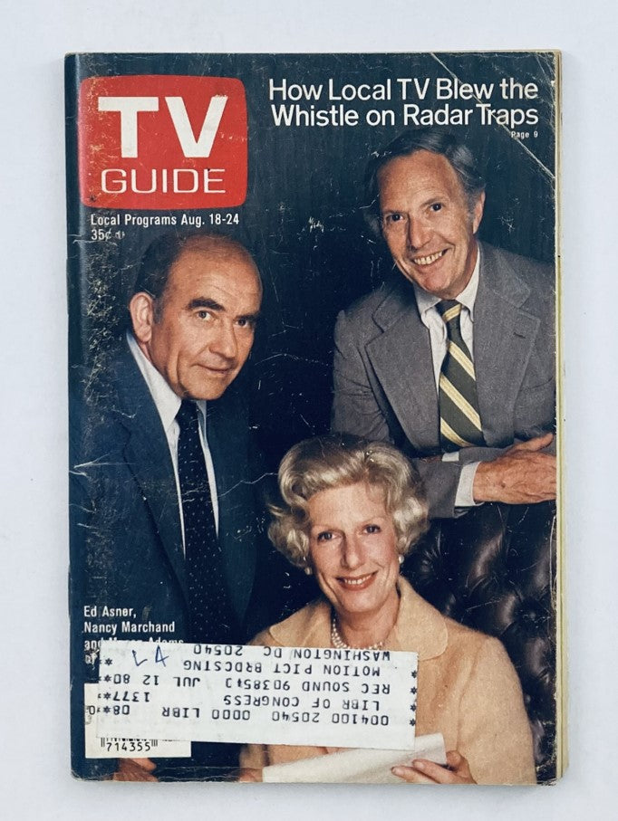 TV Guide Magazine August 18 1979 Issue #1377 featuring Ed Asner and Nancy Marchand on the cover, showcasing local TV programming and articles from the late 70s.