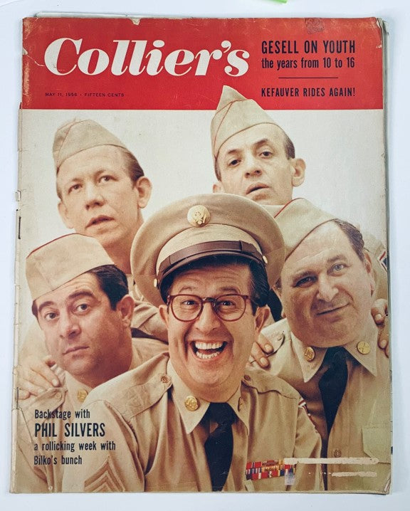 Cover of VTG Collier's Magazine May 11 1956 featuring Phil Silvers and his comedic cast from the show, showcasing a colorful design and capturing mid-century entertainment culture.