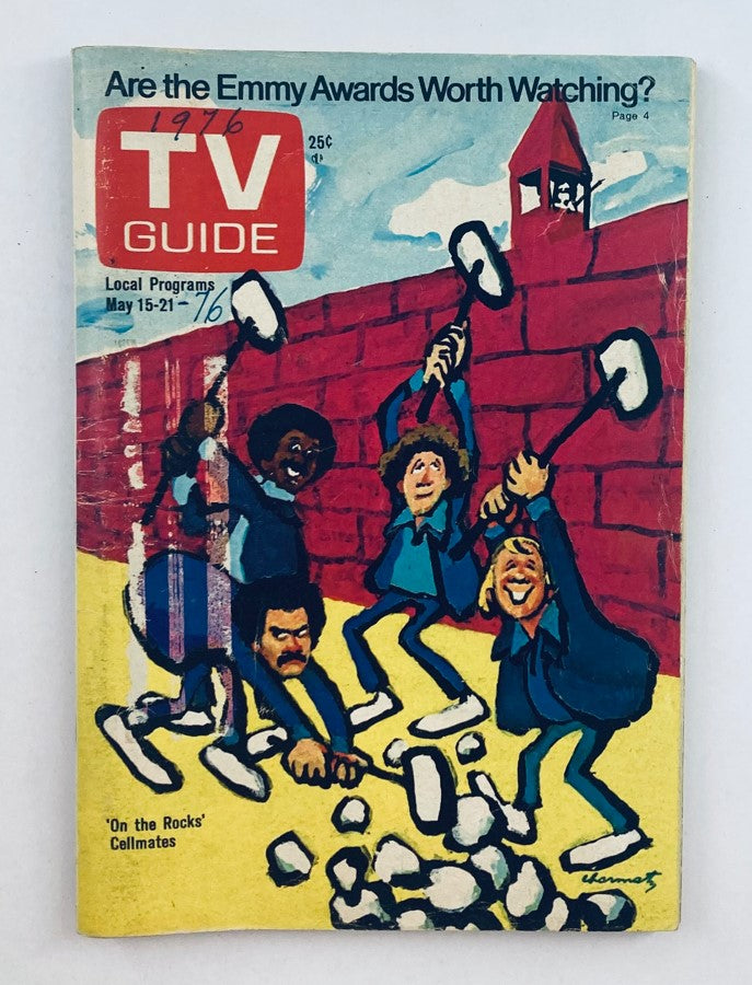 Cover of TV Guide Magazine dated May 15, 1976, issue #1207, featuring the cover story 'On The Rocks: Cellmates' with a colorful illustration of characters breaking through a wall.