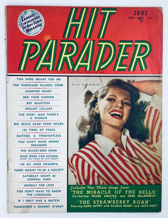 VTG Hit Parader Magazine June 1948 Cover featuring Rita Hayworth, showcasing music and cinema from the golden age of Hollywood.