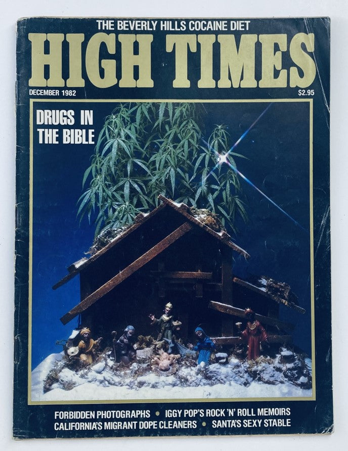 Cover of VTG High Times Magazine December 1982 #88 featuring an article titled 'Drugs in The Bible,' showcasing a nativity scene surrounded by cannabis plants.