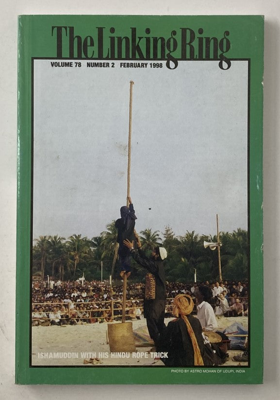 The Linking Ring Magazine February 1998 cover featuring Ishamuddin performing the Hindu Rope Trick at a public event, set against a backdrop of palm trees and an audience.