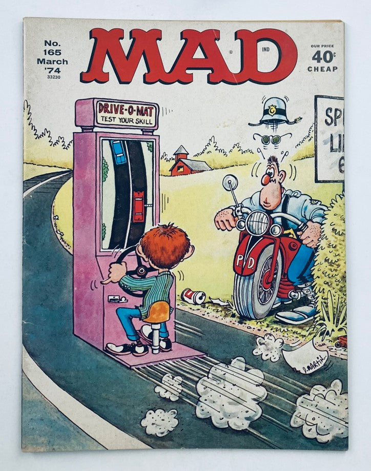 Cover of Mad Magazine March 1974 No. 165 featuring a humorous illustration of a boy at a game booth and a motorcycle rider, highlighting the nostalgic theme of The 8 James Bomb Movies.