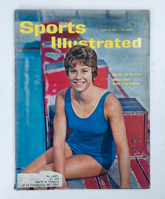 Cover of the April 16, 1962 issue of Sports Illustrated, featuring Donna de Varona, a brilliant girl swimmer, in a blue swimsuit, showcasing vintage sports journalism.