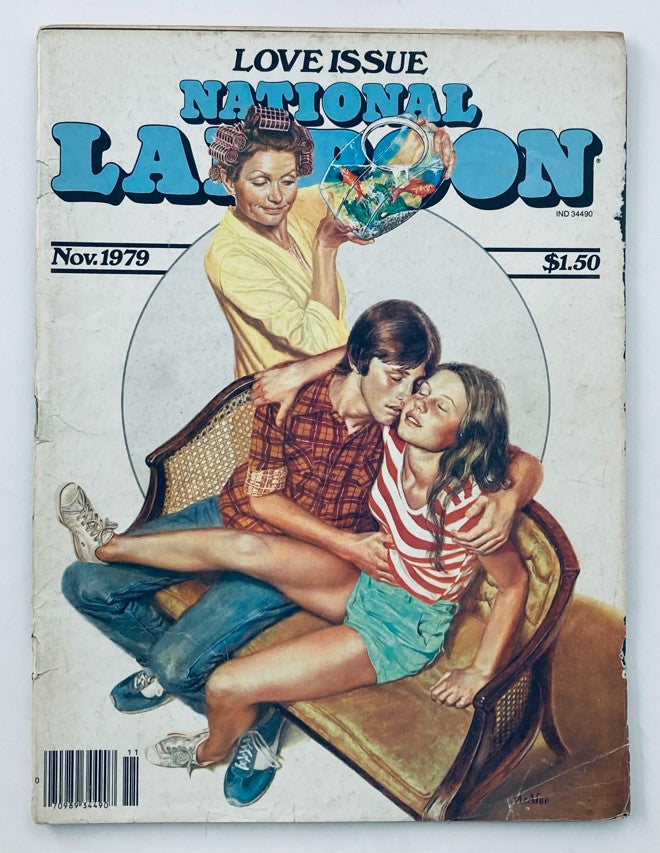 Cover of the National Lampoon Magazine November 1979 issue titled 'Obsessive Love', showcasing a humorous illustration featuring three characters, with a bold title and price of $1.50.