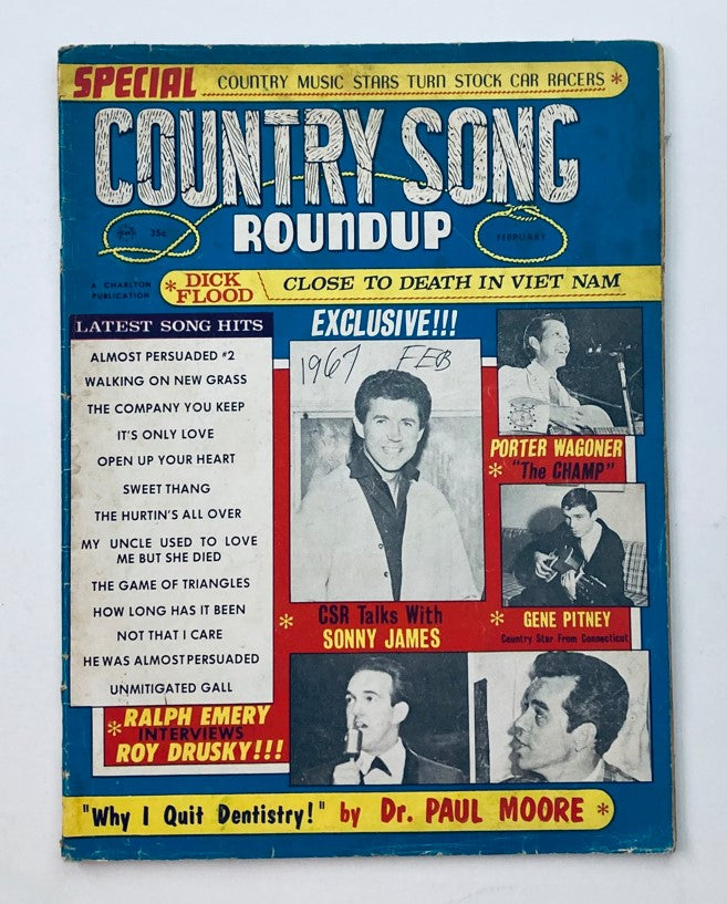 Cover of VTG Country Song Roundup Magazine from February 1967 featuring Sonny James, Porter Wagoner, and various country music stars. The magazine includes highlights of the latest song hits and exclusive interviews.