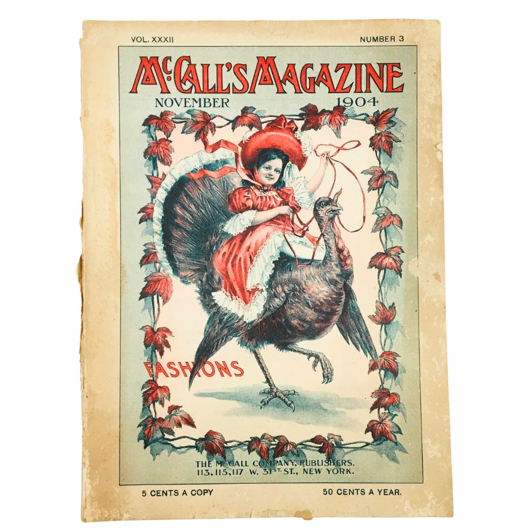 Cover of VTG McCall's Magazine November 1904 featuring illustrated fashion design, showcasing a girl on a turkey and the title 'Fashions'.
