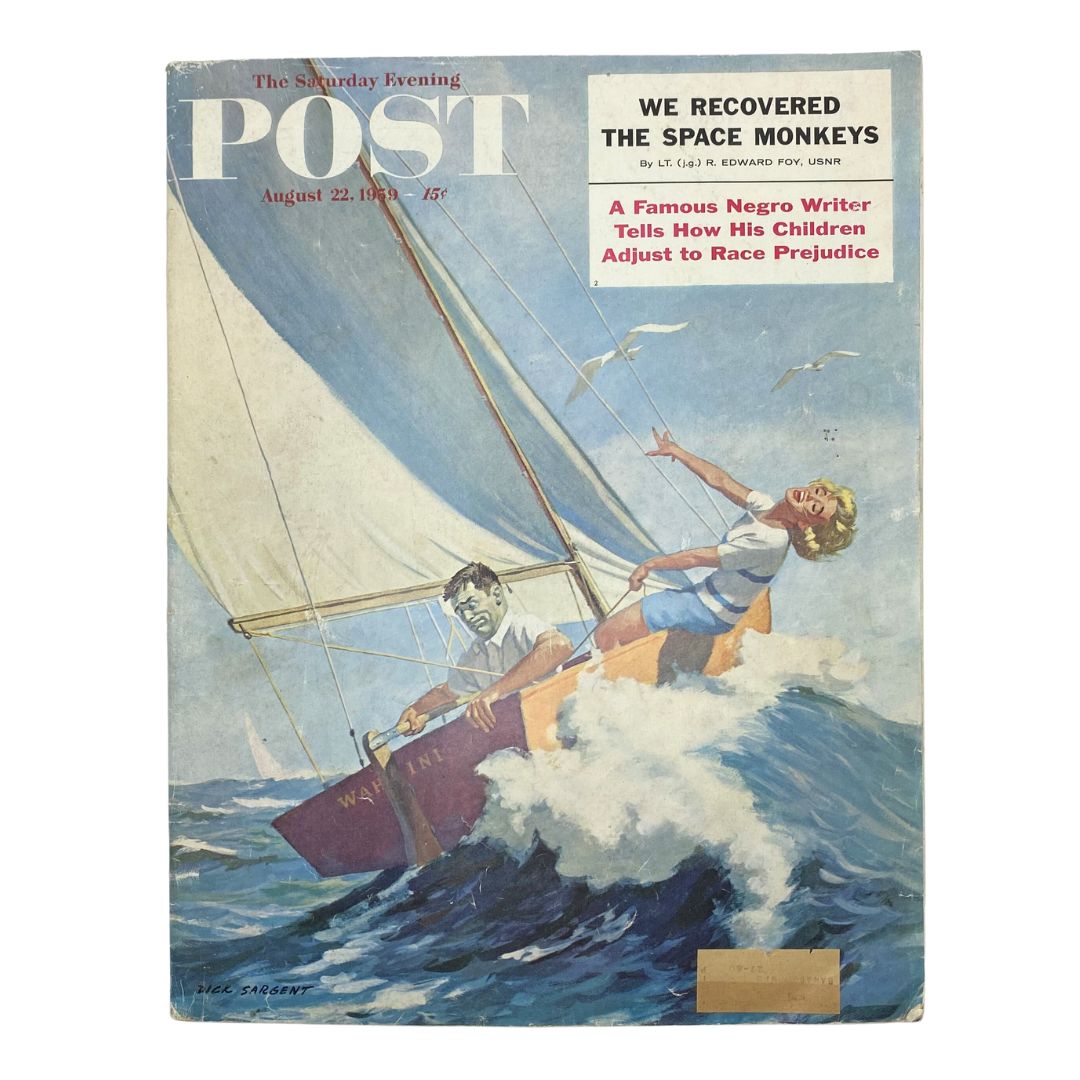 Cover of the Saturday Evening Post Magazine, August 22, 1959, featuring a sailing scene with Mr. Tiller illustrated by Dick Sargent. The cover showcases vibrant colors and mid-century design.