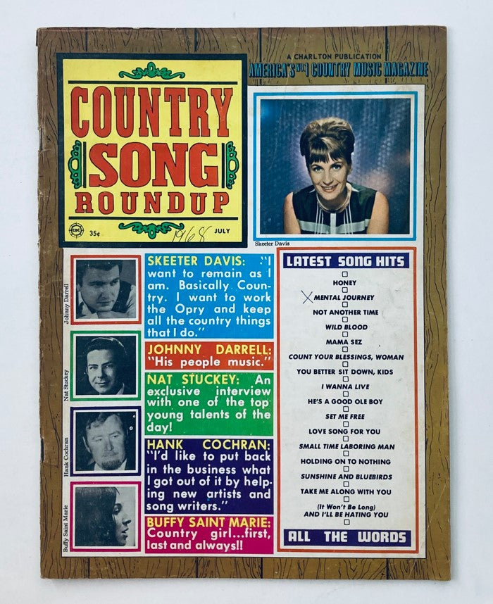 Cover of VTG Country Song Roundup Magazine July 1968 featuring Skeeter Davis, highlighting country music artists and latest song hits.