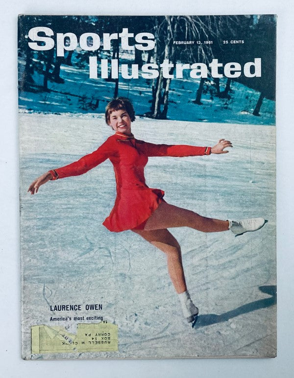 Vintage Sports Illustrated Magazine from February 13, 1961, showcasing Laurence Owen on the cover in a red dress while ice skating, highlighting American sports history.