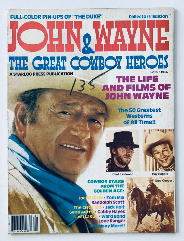 Cover of the VTG 1979 John Wayne and The Great Cowboy Heroes featuring Clint Eastwood, with a list of legendary cowboy stars. This collectors' edition highlights the life and films of John Wayne.