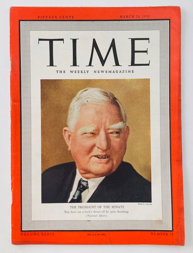 Vintage Time Magazine cover from March 20, 1939 featuring John Nance Garner, the President of the Senate, with an illustration by Paul A. Nichols, highlighting the political climate of the late 1930s.