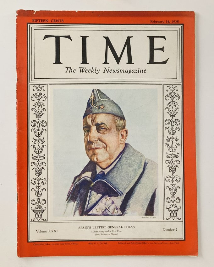 Vintage Time Magazine February 14 1938 Vol 31 No. 7 Spain Gen. Sebastián Pozas Perea