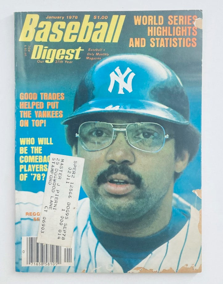 Vintage Baseball Digest Magazine January 1978 featuring a cover story on Reggie Jackson, highlighting World Series performances with emphasis on statistics and notable highlights. Perfect for sports memorabilia collectors.