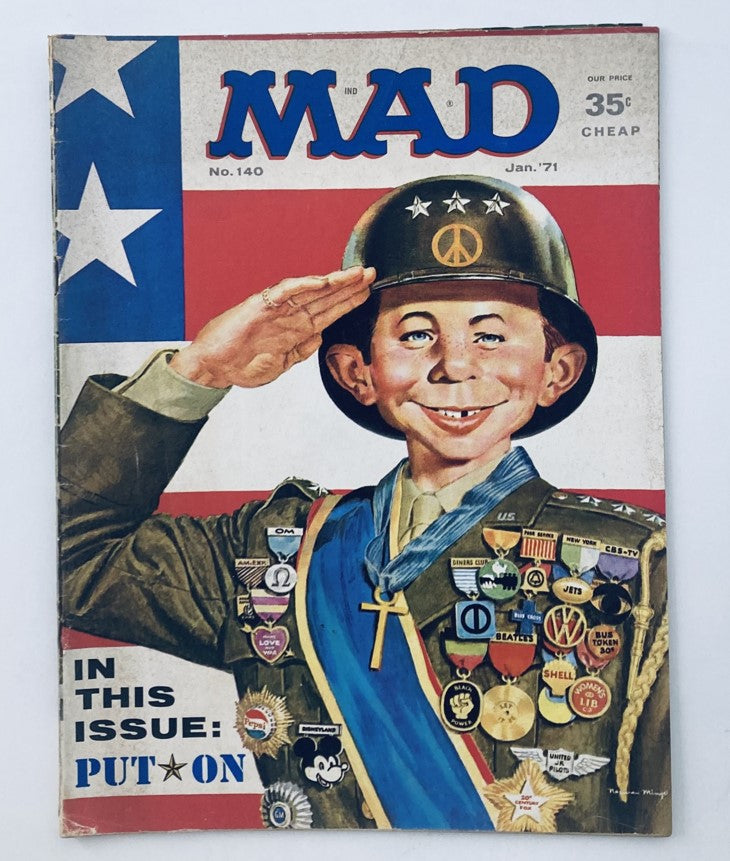 Cover of VTG Mad Magazine January 1971 No. 140 featuring iconic artwork with a soldier saluting and the caption 'Put Star On'. The magazine showcases the distinct humor and cultural commentary of the 1970s.