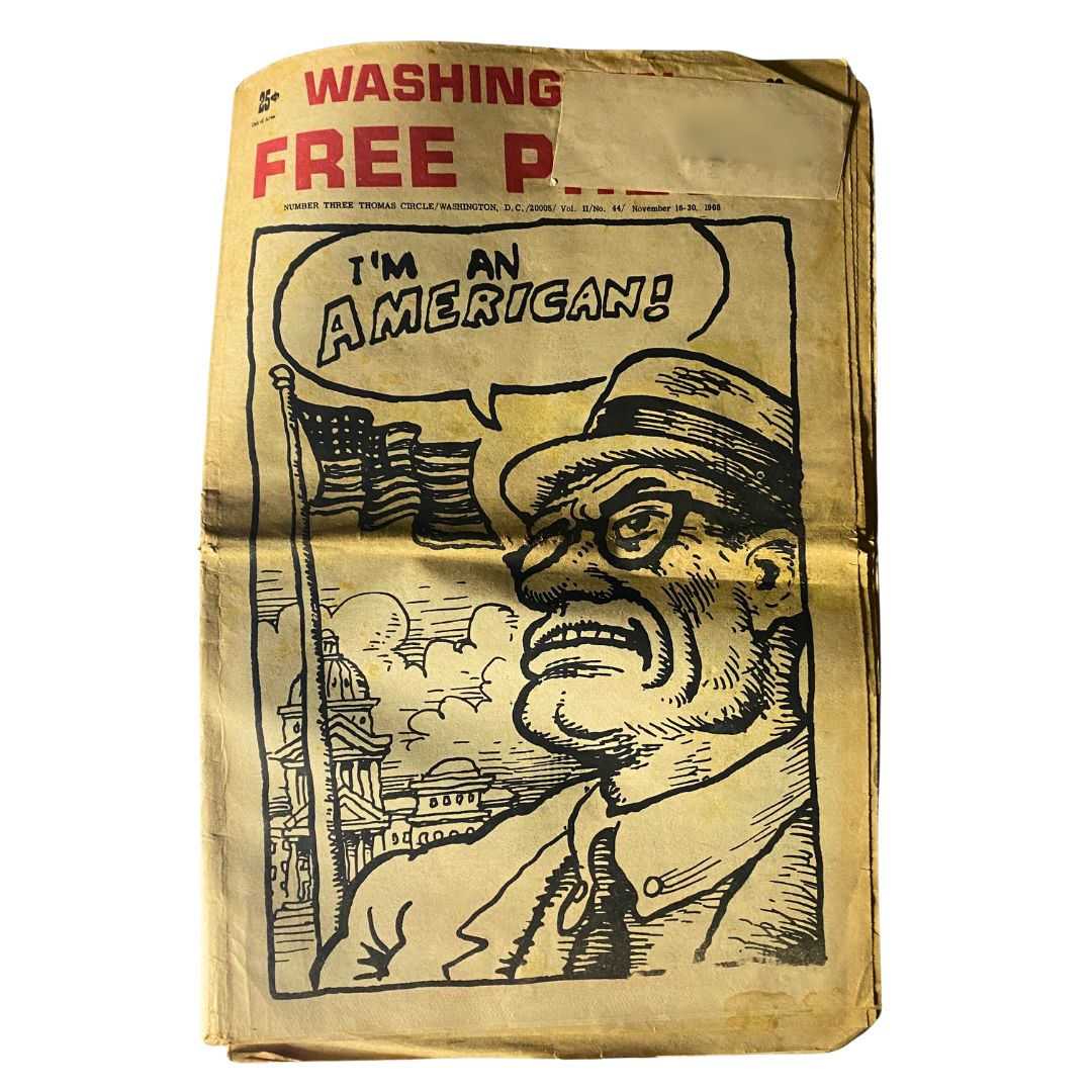 Cover of the VTG Washington Free Press Newspaper from November 16-30, 1968 featuring a political illustration with the text 'I'M AN AMERICAN!'. Volume 2, No. 44, capturing the essence of the socio-political landscape of the 1960s.