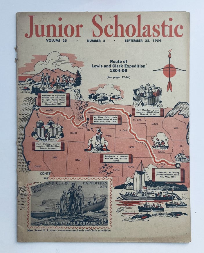 Cover of Junior Scholastic Magazine dated September 22, 1954, featuring the route of the Lewis and Clark Expedition with illustrated map highlights and historical imagery.