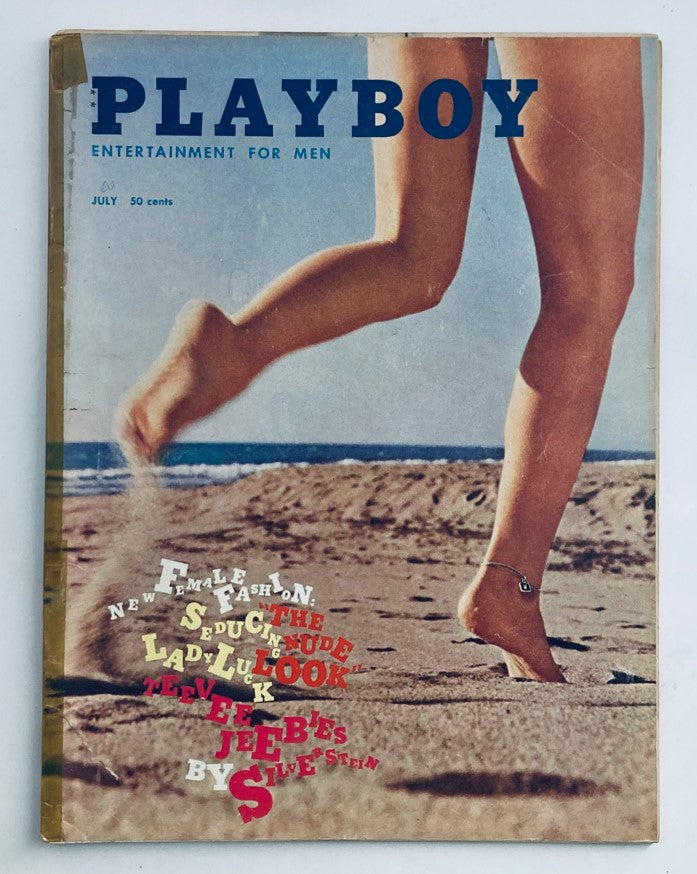 Cover of VTG Playboy Magazine July 1960 featuring a woman running on the beach, showcasing iconic 60s fashion, highlighting the essence of the vintage era.