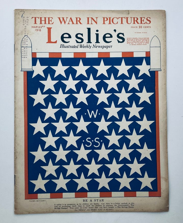 Cover of VTG Leslie's Illustrated Weekly Newspaper from March 23, 1918, featuring 'The War in Pictures' with a patriotic design of stars and the title prominently displayed.