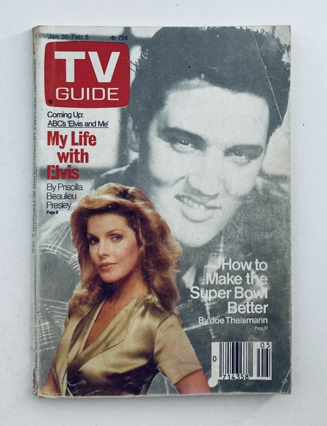 TV Guide Magazine January 30 1988 featuring Priscilla Beaulieu Presley and Elvis Presley on the cover, highlighting 'My Life with Elvis' article. The issue showcases television content from that era.