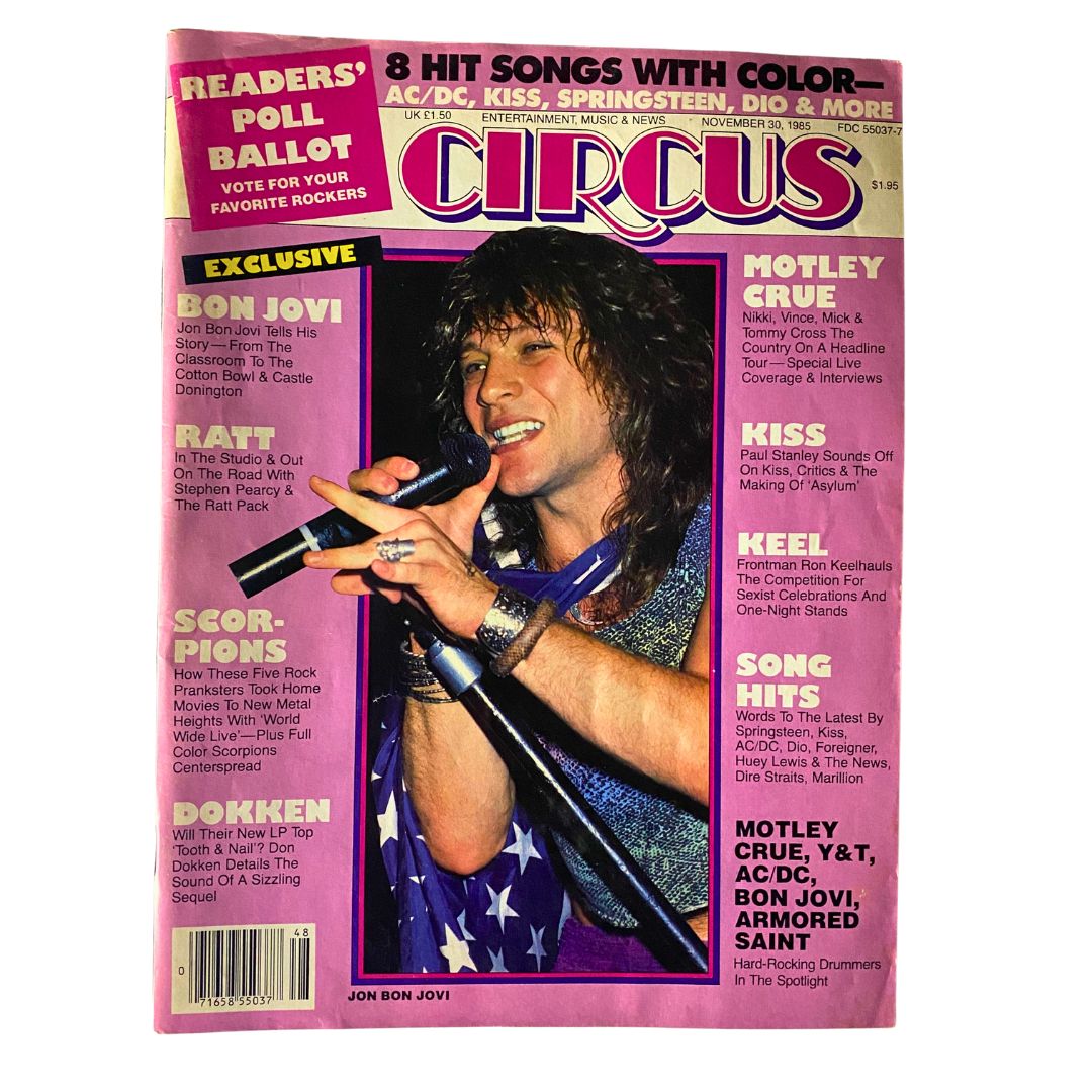 Vintage Circus Magazine cover from November 30, 1985 featuring Jon Bon Jovi, highlighting his exclusive interview and a vibrant design celebrating 1980s rock music. VTG Circus Magazine November 30 1985 Kon Bon Jovi w Centerfold No Label.
