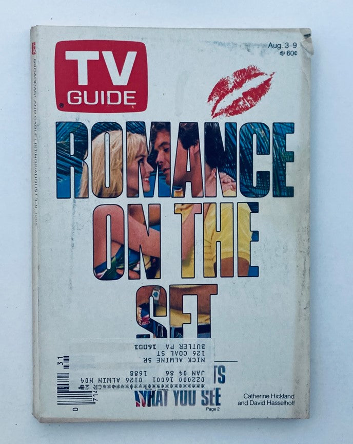 TV Guide Magazine August 3 1985 cover featuring David Hasselhoff with bright graphics and title 'Romance on the Set', showcasing nostalgic elements of 1980s television culture.