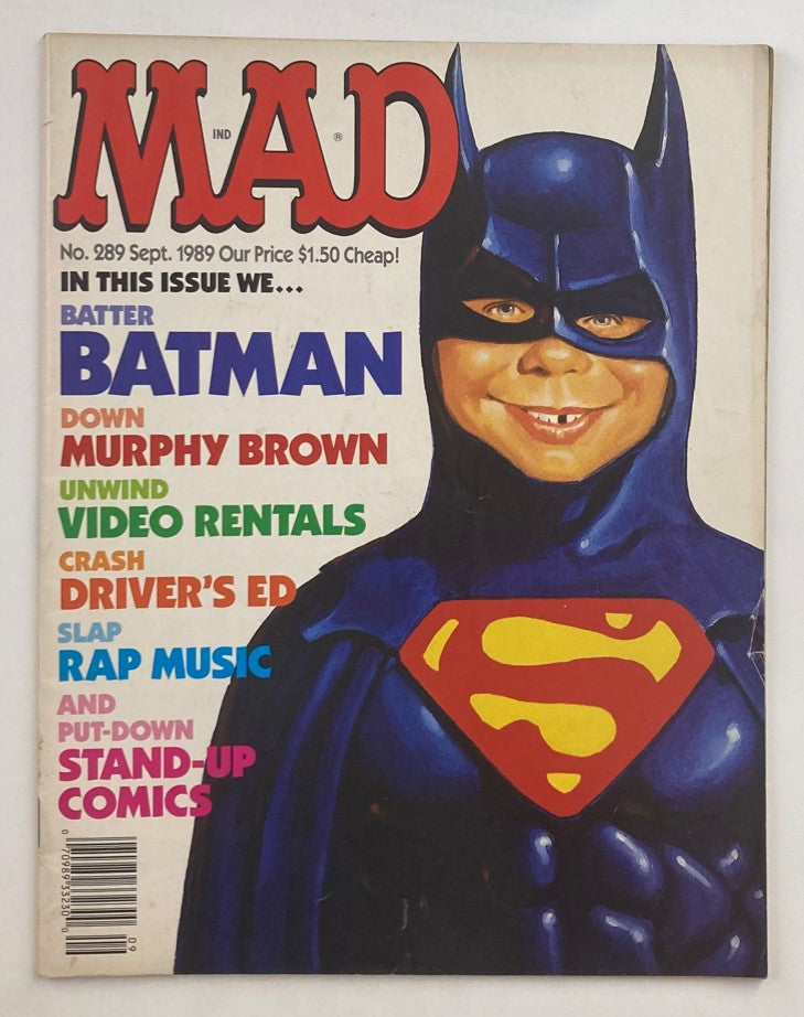 Mad Magazine September 1989 No. 289 featuring Alfred as Batman on the cover with colorful text about various features inside. A collectible vintage magazine in Very Good condition.