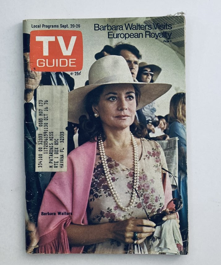 TV Guide Magazine September 20 1975 featuring Barbara Walters on the cover, showcasing her elegant style with a wide-brimmed hat and pearl necklace, a significant vintage collectible for television history enthusiasts.