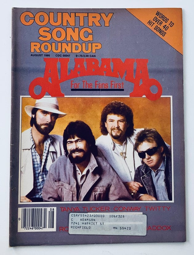 VTG Country Song Roundup Magazine August 1986 Alabama For The Fans First cover featuring the country music band Alabama, showcasing their iconic style and memorabilia from the 1980s.
