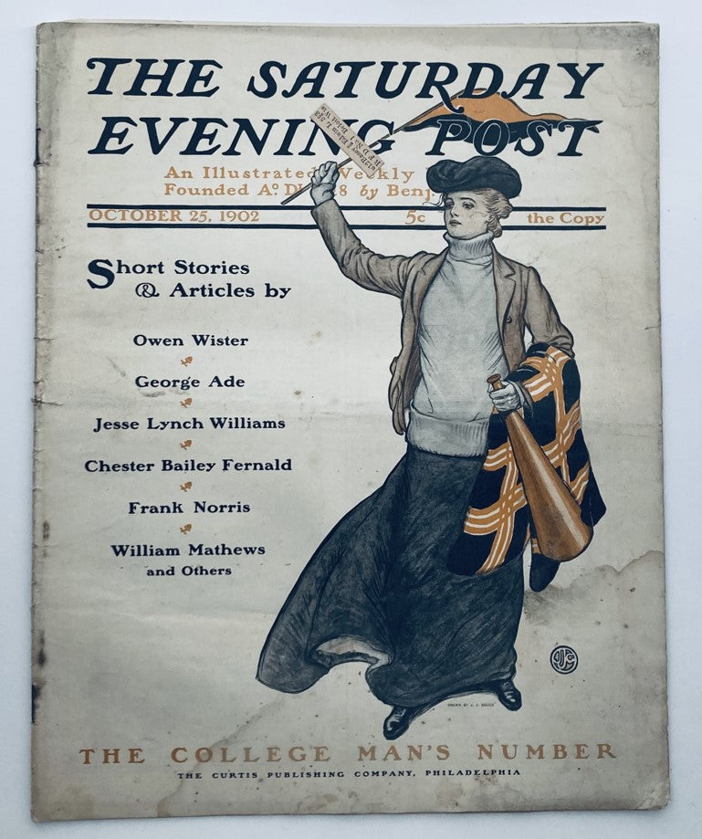 Cover of The Saturday Evening Post October 25, 1902, titled 'The College Man's Number' featuring a fashionable male figure holding a flag, surrounded by article titles and contributors.