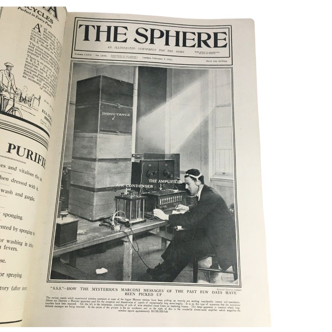 The Sphere Newspaper February 7, 1920 featuring a man operating early communication technology and discussing The Mysterious Marconi Messages of the Past.