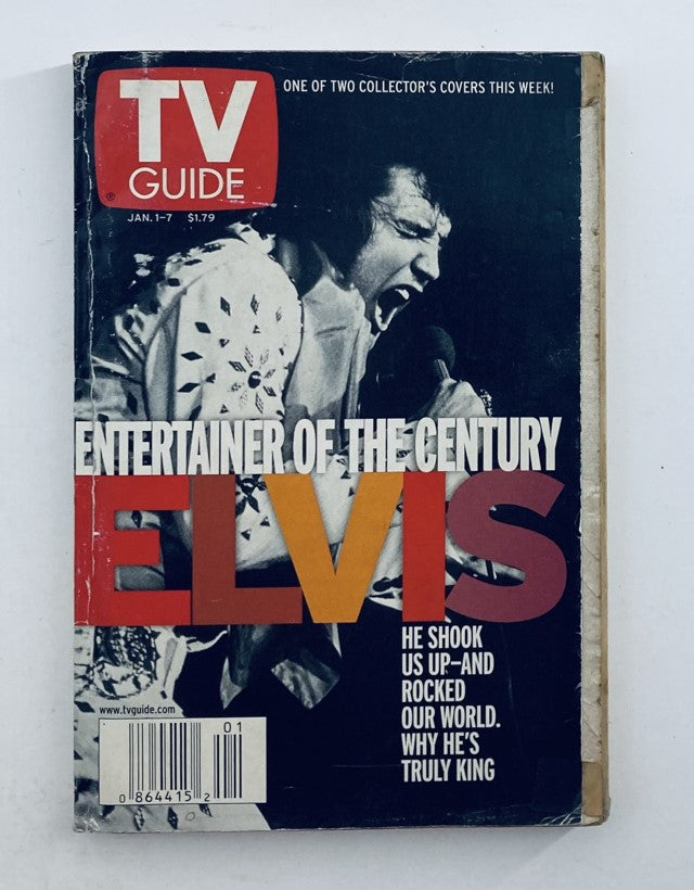 TV Guide Magazine January 1 2000 featuring Elvis Presley on the cover with the text 'Entertainer of the Century' and a vibrant image of Elvis performing, highlighting his iconic status.