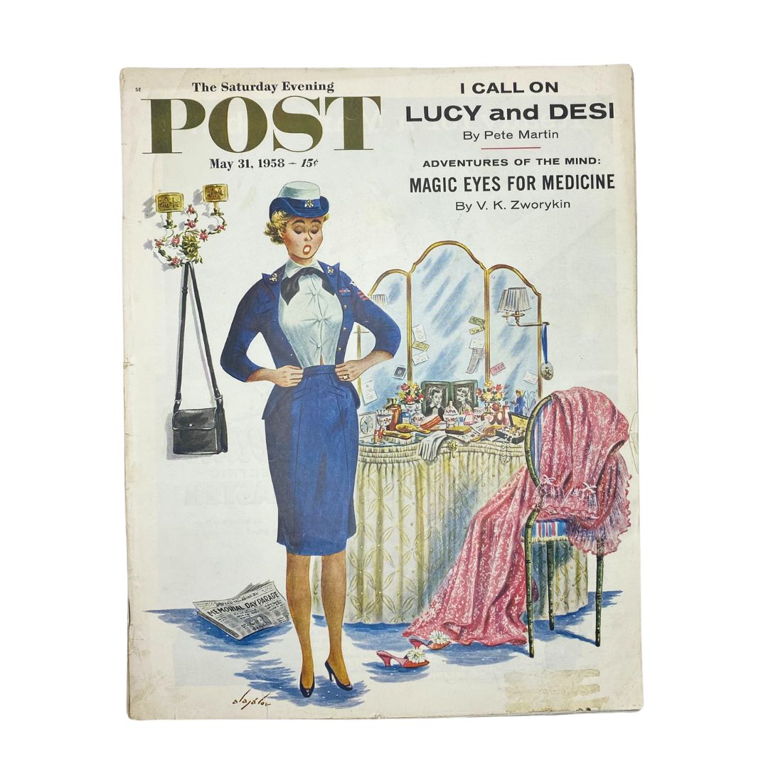 Cover of the Saturday Evening Post Magazine dated May 31, 1958, featuring artwork by Constantin Alajalov depicting Mrs. Pounds in a stylish outfit.