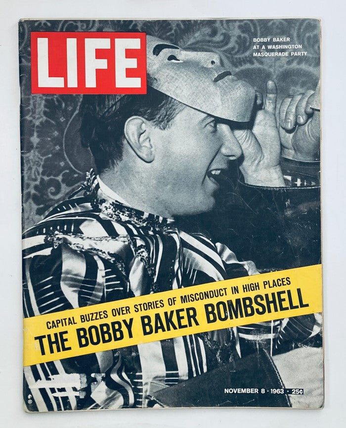 Life Magazine November 8, 1963 Vol 55 No. 19 featuring the cover story 'Capital Buzzes Over Bobby Baker' with an image of Bobby Baker at a Washington masquerade party.
