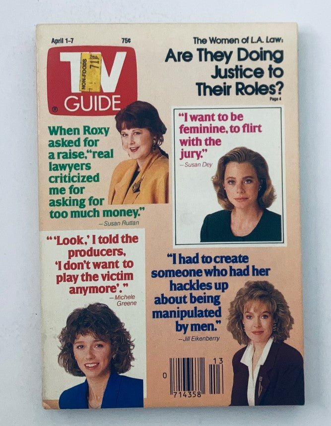 Cover of TV Guide Magazine from April 1, 1989 featuring Jill Eikenberry and other actresses, addressing the question, 'Are They Doing Justice to Their Roles?' The image includes quotes from the actresses discussing their roles.