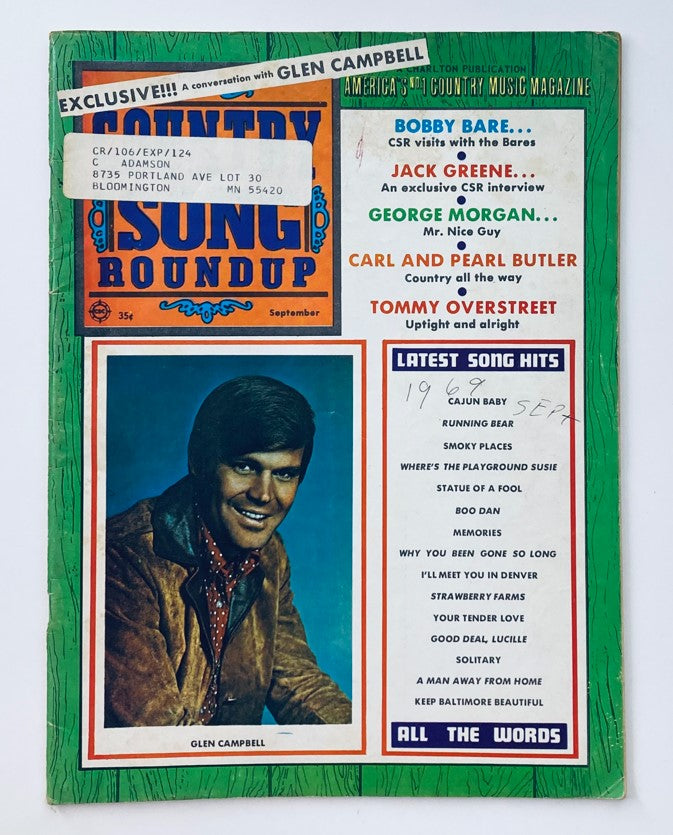 Cover of Country Song Roundup Magazine from September 1969 featuring Glen Campbell, highlighting articles on various country artists like Bobby Bare and Jack Greene.