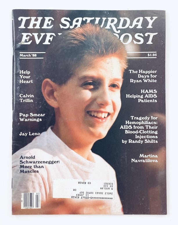 Cover image of the Saturday Evening Post Magazine from March 1988 featuring Ryan White on the cover. The illustration by Jeff Atteberry highlights the inspiring story of Ryan White, amidst headlines discussing AIDS awareness and cultural issues of the time.