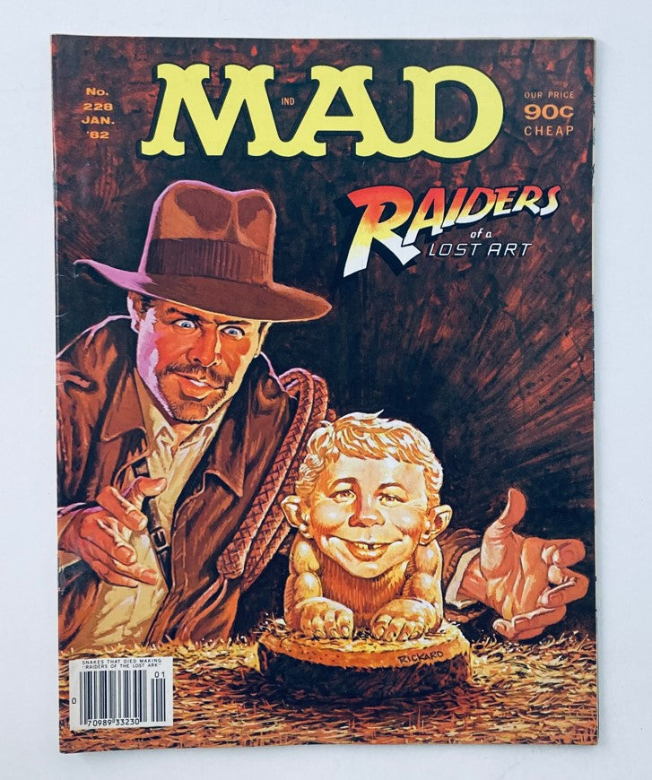 Cover of VTG Mad Magazine January 1982 featuring "Raiders of Lost Art" with humorous illustration of a character resembling an iconic adventurer alongside a comical figure, showcasing the magazine's distinctive satire and vintage appeal.