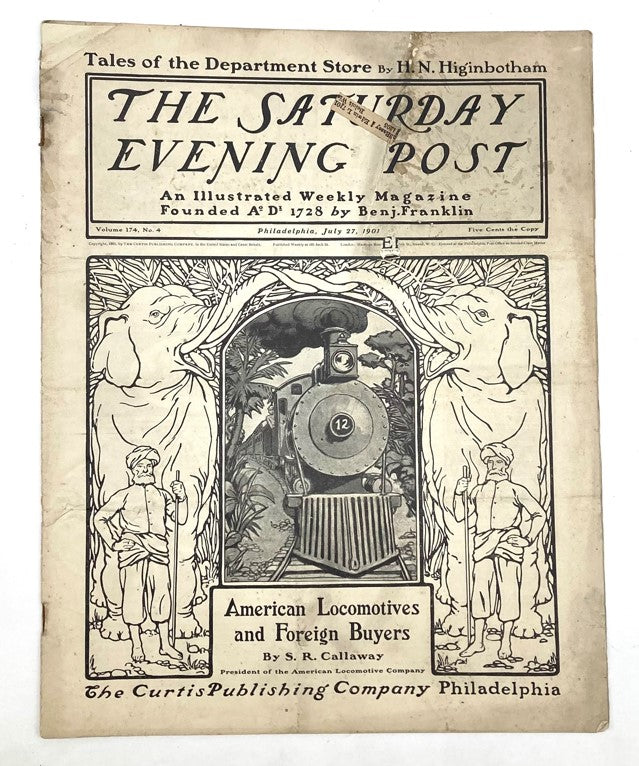 Cover of the Saturday Evening Post Magazine illustrated cover from July 27, 1901, featuring locomotives and vintage art depicting American railroads.