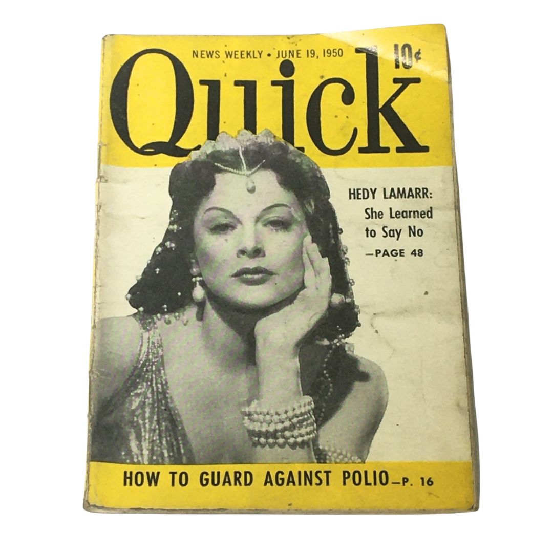 VTG Quick News Weekly Magazine Cover featuring Hedy Lamarr, dated June 19, 1950. The cover displays a vintage photograph of Hedy Lamarr with bold headlines and a bright yellow background, capturing the essence of classic Hollywood.