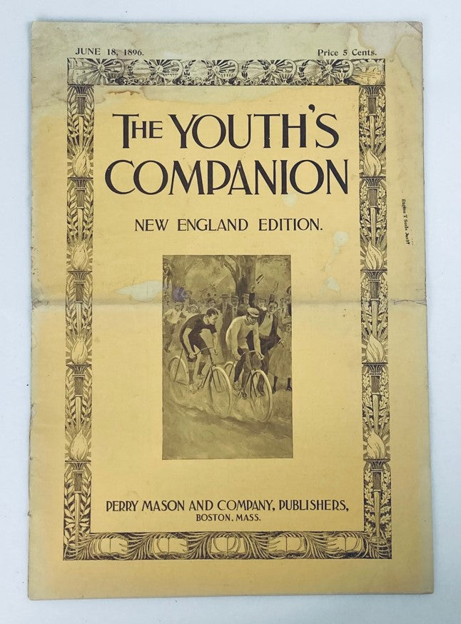 Cover of VTG The Youth's Companion Magazine from June 18, 1896, featuring cyclists in a race, published by Perry Mason and Company, Boston, Mass.