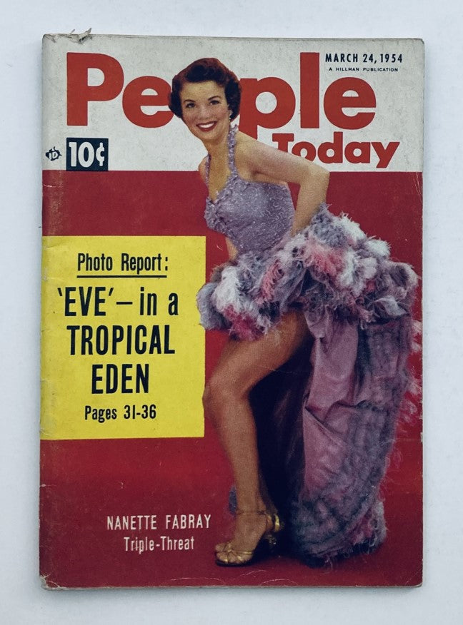 Cover of People Today Magazine dated March 24, 1954, featuring actress Nanette Fabray in glamorous attire, highlighting the vibrant fashion of the 1950s.