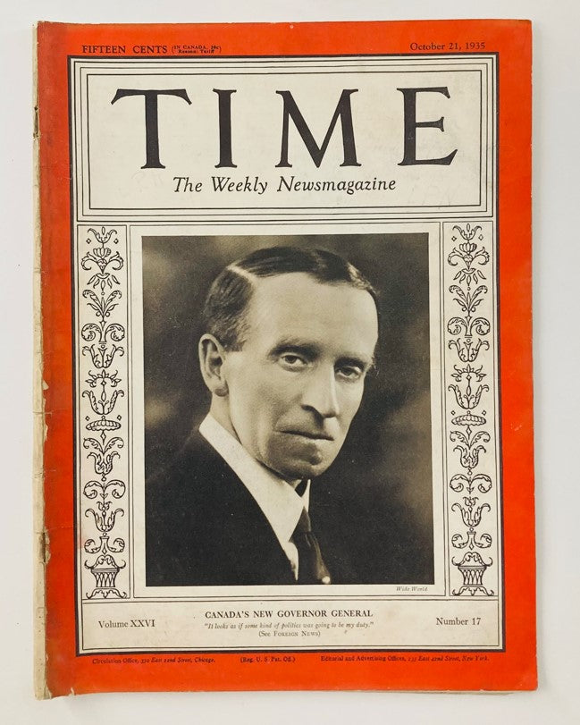 Vintage Time Magazine from October 21, 1935, featuring a cover image of John Buchan, Volume 26, Issue 17, highlighting significant historical moments.