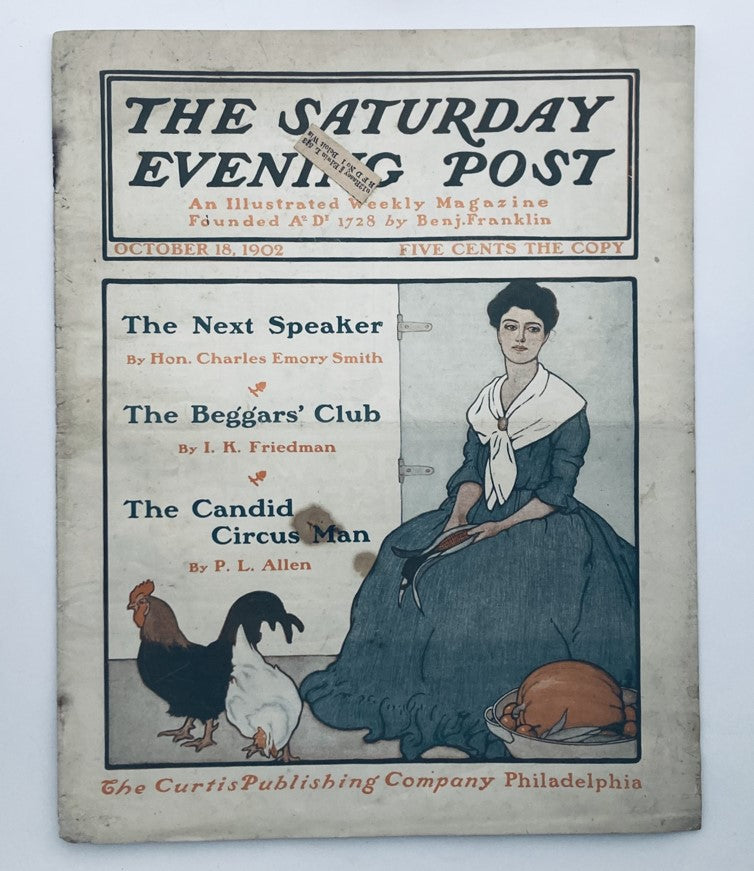 The Saturday Evening Post cover from October 18, 1902, featuring the article 'The Candid Circus Man' by P.L. Allen, showcasing a vintage illustration with a woman in elegant attire and a playful scene with animals.