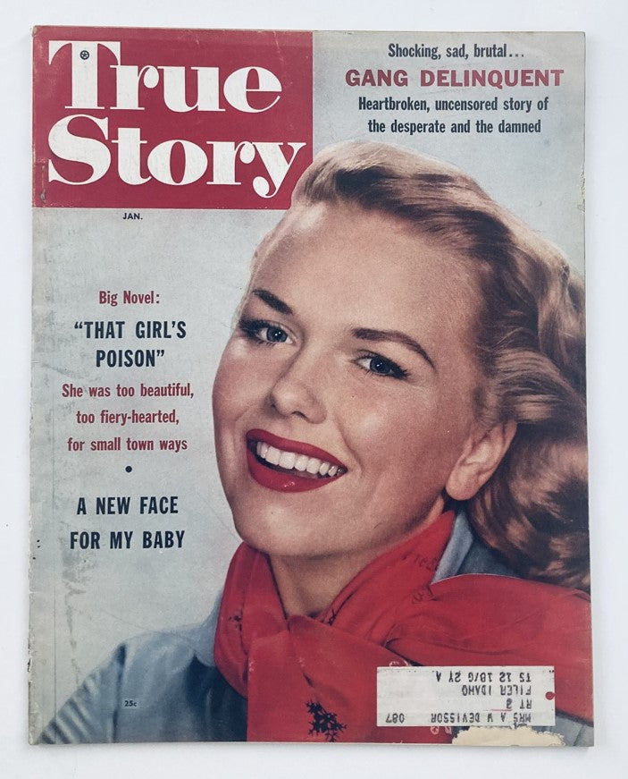 Cover of VTG True Story Magazine January 1955, Volume 73, Number 6, featuring the article 'A New Face For My Baby' alongside promotional text for 'Gang Delinquent' and 'That Girl's Poison'.