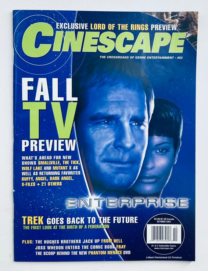 Cinescape Magazine October 2001 featuring the title 'Trek Goes Back To The Future', showcasing a vibrant cover with a sci-fi theme and an exclusive Lord of the Rings preview. Highlights the Fall TV preview with notable characters and shows.