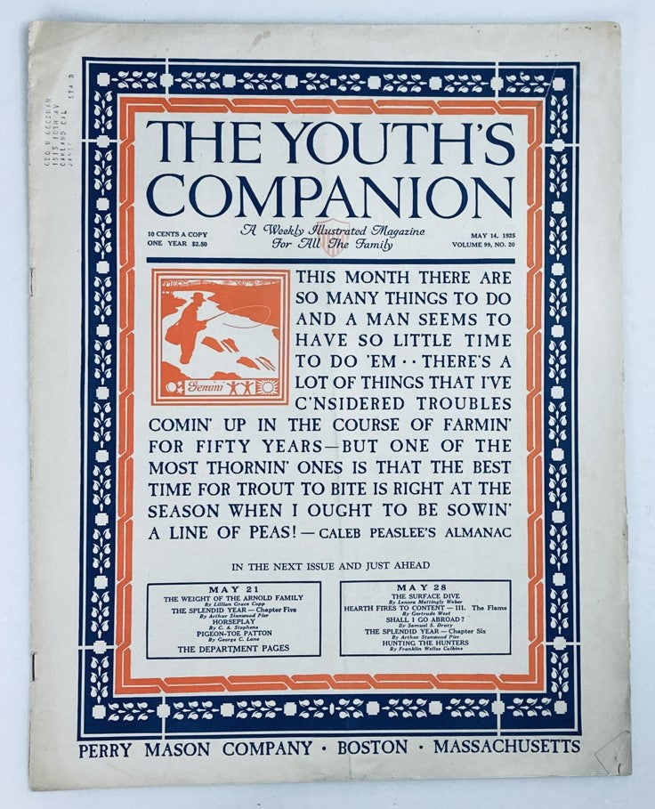 Cover of VTG The Youth's Companion Magazine May 14 1925, Volume 99, Issue #20, featuring article 'Sowin' A Line of Peas!' with vintage illustrations.