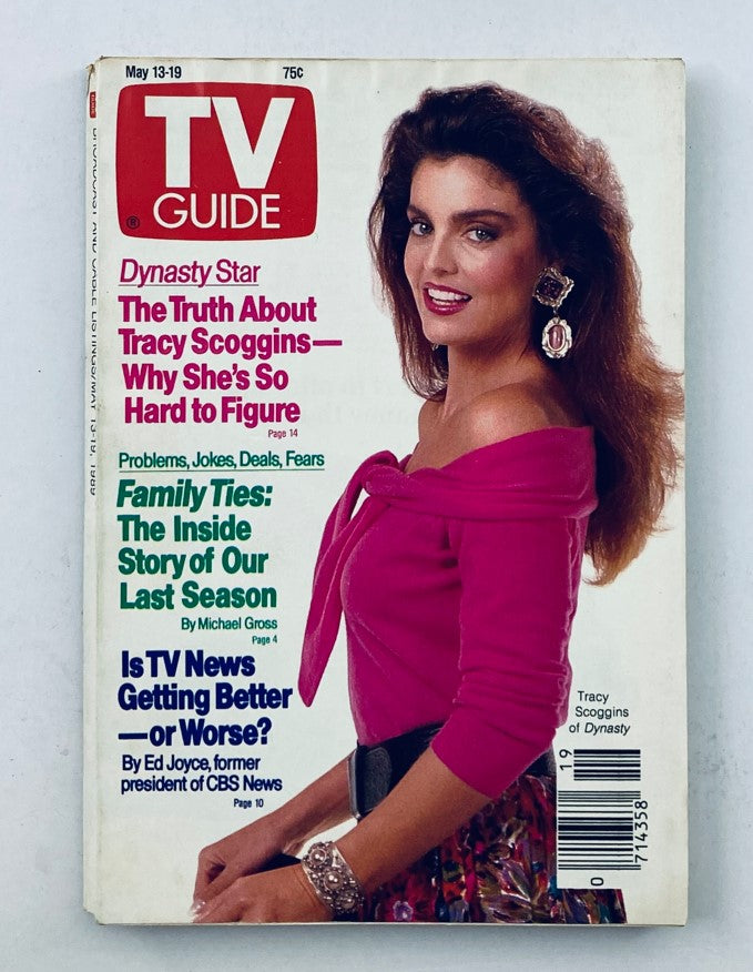 TV Guide Magazine May 13 1989 featuring Tracy Scoggins on the cover, showcasing her stylish pink top and earrings, with a focus on her role in Dynasty.