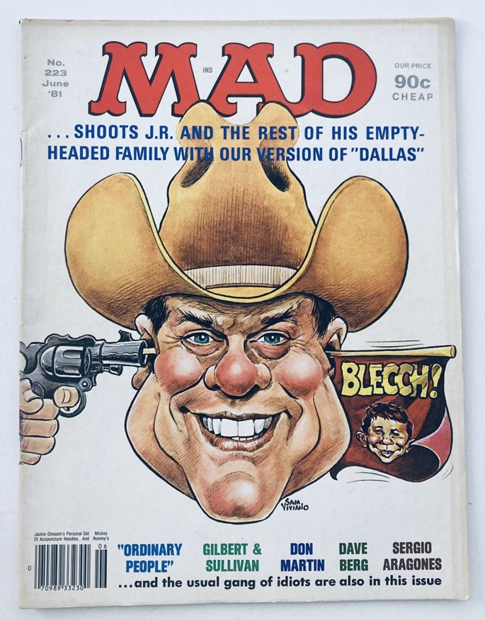 VTG Mad Magazine June 1981 No. 223 featuring a humorous Gilbert & Sullivan cover illustration, showcasing caricatures related to the TV show 'Dallas', with a vibrant style typical of vintage comic magazines.