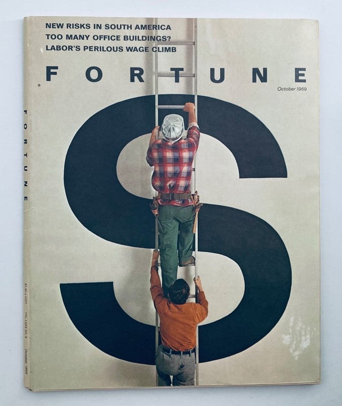 Cover of VTG Fortune Magazine October 1969 featuring the title 'New Risks in South America' with a thematic image of two men on a ladder.